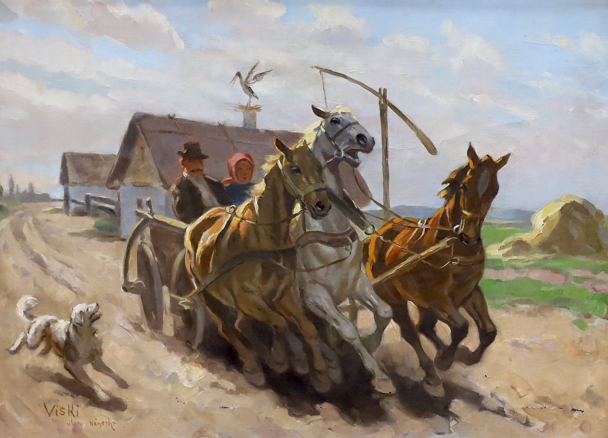 Janos Viski (Hungarian, 1891-1965), oil on canvas, Horse drawn cart on a track, signed, 54 x 75cm